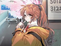 Rule 34 | 1girl, :|, arknights, backpack, bag, black eyes, black ribbon, blurry, blush, brown hair, bubble tea, cherry blossoms, closed mouth, collared shirt, day, drink, drinking straw, expressionless, from side, hair ribbon, hansuitianer, highres, holding, holding drink, hood, hood down, hooded jacket, jacket, long hair, long sleeves, looking at viewer, mole, mole under eye, motor vehicle, neck ribbon, outdoors, pinecone (arknights), ponytail, red ribbon, ribbon, road, shirt, sideways glance, sign, sleeves past wrists, solo, street, truck, upper body, white shirt, yellow jacket