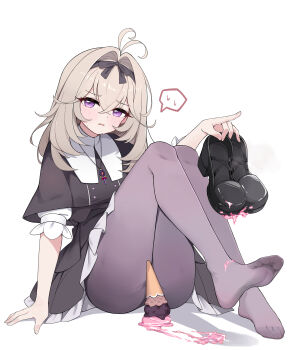 Rule 34 | 1girl, absurdres, antenna hair, black dress, blush, chinese commentary, commentary request, dirty, dirty clothes, dress, feet, fengqun, frilled dress, frilled sleeves, frills, frown, grey hair, grey pantyhose, hair intakes, half-closed eyes, highres, holding, holding shoes, holding unworn clothes, ice cream cone, knees together feet apart, leg up, legs, looking at viewer, medium hair, meitantei precure!, moria luluka, no shoes, open mouth, pantyhose, precure, purple eyes, shoes, short dress, short sleeves, simple background, sitting, solo, spill, spoken sweatdrop, sweatdrop, toes, unworn shoes, white background