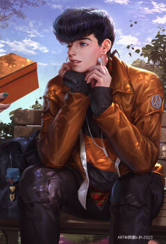Rule 34 | 1boy, bag, bench, black hair, black pants, blue eyes, blue sky, box, commentary request, crazy diamond, diamond wa kudakenai, earrings, eyelashes, higashikata josuke, highres, holding, holding box, jacket, jewelry, jojo no kimyou na bouken, kdash, kishibe rohan, long sleeves, looking at another, male focus, one eye closed, orange jacket, pants, park bench, parted lips, peace symbol, pompadour, sitting, sky, sleeves past wrists, solo, solo focus