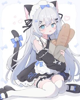 1girl @_@ animal_ear_fluff animal_ears apron bag baguette bell black_dress black_ribbon black_shoes blue_bow blue_eyes blush bow bread cat_ears cat_girl cat_tail commission detached_sleeves dress food frills grey_hair hair_ornament hair_ribbon hairclip heart highres iro_iro_iroo jingle_bell long_hair long_sleeves looking_at_viewer maid maid_headdress mary_janes open_mouth original paper_bag ribbon shoes sitting skeb_commission solo tail tail_bell tail_bow tail_ornament tail_ribbon tearing_up thighhighs wariza white_apron white_background white_thighhighs x_hair_ornament
