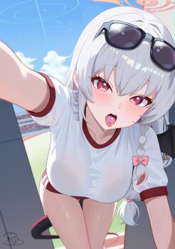 1girl absurdres arm_support artist_name bent_over blue_archive blue_sky blush bow braid breasts buruma candy collarbone day dutch_angle eyewear_on_head food hair_between_eyes hair_bow halo haruna_(blue_archive) haruna_(track)_(blue_archive) hashtag-only_commentary head_tilt highres large_breasts long_hair looking_at_viewer official_alternate_costume open_mouth outdoors outstretched_arm pink_bow reaching reaching_towards_viewer red_buruma red_eyes red_halo royalbunny003 shirt short_sleeves sidelocks signature single_braid sky solo sunglasses sweat tail thighs tongue tongue_out track_and_field very_long_hair white_hair white_shirt wings