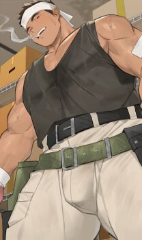 1boy bandaid bandaid_on_arm bara belt biceps black_tank_top box brown_hair bulge cardboard_box cigarette commentary from_below gondom headband highres large_pectorals male_focus multiple_belts muscular muscular_male original pectorals sidepec smoking solo storage_room sweat sweat_stain sweaty_clothes symbol-only_commentary tank_top thick_eyebrows thick_thighs thighs thighs_together white_headband