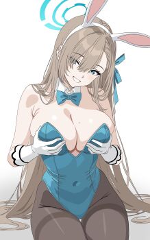 Rule 34 | 1girl, absurdres, animal ear hairband, animal ears, asuna (blue archive), asuna (bunny) (blue archive), asymmetrical bangs, black pantyhose, blue archive, blue bow, blue bowtie, blue eyes, blue halo, blue leotard, blue ribbon, blush, bow, bowtie, breasts, brown hair, cleavage, commentary, covered navel, cowboy shot, detached collar, eighter, elbow gloves, eyes visible through hair, fake animal ears, gloves, grabbing own breast, hair over one eye, hair ribbon, hairband, halo, head tilt, highleg, highleg leotard, highres, large breasts, leotard, long hair, looking at viewer, mole, mole on breast, official alternate costume, pantyhose, parted bangs, parted lips, playboy bunny, rabbit ears, ribbon, simple background, sitting, smile, solo, straight hair, strapless, strapless leotard, thighband pantyhose, traditional bowtie, very long hair, white background, white gloves, white hairband, wing collar