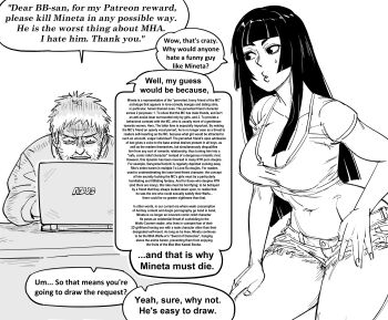 1boy 1girl artist_self-insert bb_(baalbuddy) black_hair breasts computer denim denim_shorts english_text greyscale highres hime_cut hime_cut_wife_(baalbuddy) laptop large_breasts long_hair monochrome navel original plunging_neckline shorts simple_background speech_bubble stomach tank_top white_background