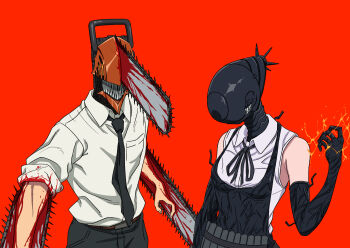 1boy 1girl alternate_form amai_(frfs5423) apron black_apron black_gloves black_necktie black_pants blood bomb_devil_(chainsaw_man) chainsaw chainsaw_man commentary_request denji_(chainsaw_man) dynamite elbow_gloves explosive gloves highres necktie pants red_background sharp_teeth shirt simple_background sleeveless sleeveless_shirt sleeves_rolled_up teeth white_shirt