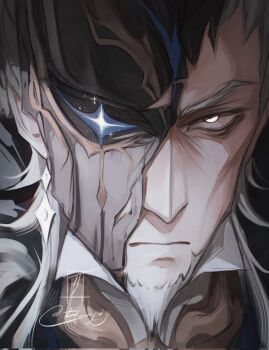 1boy beard closed_mouth corrupted_twitter_file cracked_kawaii_mask earrings facial_hair genshin_impact highres jewelry looking_at_viewer lulix male_focus mask_over_one_eye pierro_(genshin_impact) signature single_earring solo sparkle white_beard white_eyes white_hair