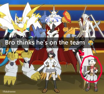 1girl 2boys absurdres aegiomon animal_legs armor black_hair black_vest blonde_hair blue_eyes body_fur body_markings breasts brown_fur cape chest_jewel commentary crossover digimon digimon_(creature) digimon_story:_time_stranger dragon english_commentary english_text facial_mark gloves goat_boy goggles goggles_on_head grey_shirt grey_skirt group_picture hands_on_own_hips highres horns imperialdramon imperialdramon_paladin_mode izanagi_no_okami jacket kakudrawmon large_breasts looking_at_viewer mecha meme miniskirt multiple_boys no_shirt official_alternate_costume omegamon persona persona_4 pleated_skirt red_cape red_eyes red_scarf robot scarf shirt short_hair shoulder_spikes skirt spikes standing twitter_username vest white_armor white_gloves white_hair white_jacket yuuki_kanan