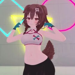1girl 3d animal_ears animated bike_shorts blush bone_hair_ornament bouncing_breasts braid breasts brown_eyes brown_hair dancing dog_ears dog_girl dog_tail fingerless_gloves flexing gloves hair_ornament hololive inugami_korone large_breasts long_hair music navel shorts smile solo sound spandex sports_bra stomach tail thick_thighs thighs video virtual_youtuber vrchat yogurt_cap