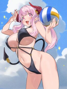 1girl blush breasts cleavage colorized demon_girl demon_horns gaston18 groin hair_ribbon highres horns huge_breasts ile kanan-sama_wa_akumade_choroi lillum long_hair mature_female navel nonco o-ring pink_hair ponytail purple_ribbon red_eyes revealing_clothes ribbon sidelocks sm stomach thighs volleyball white_hair wide_hips