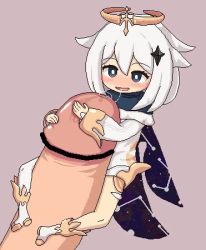 1boy 1girl animated bar_censor bkrg blue_eyes blush censored fellatio genshin_impact hetero koonago loli looping_animation lowres medium_hair mini_person minigirl open_mouth oral paimon_(genshin_impact) penis penis_hug pointless_censoring precum pussy size_difference video white_hair x-ray