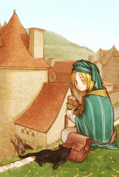 1boy animal aqua_cloak aqua_hat black_cat blonde_hair blue_eyes bread brown_bag building cat cloak closed_mouth food hat heterochromia hill holding_bread kita_senri male_focus medieval original outdoors pants shirt short_hair sitting sleeping_animal smile solo town turban white_pants white_shirt yellow_eyes