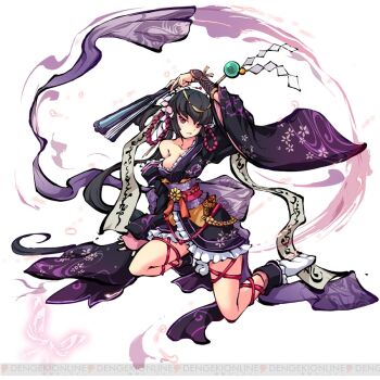 1girl arm_support arm_up armor bare_shoulders black_hair breasts cleavage collarbone folding_fan frilled_kimono frills full_body hand_fan himegami_kagura holding holding_fan japanese_armor japanese_clothes kimono kneeing kote large_breasts leg_ribbon long_sleeves looking_at_viewer ms06s obi official_art parted_lips purple_kimono red_eyes ribbon sash second-party_source short_kimono sidelocks simple_background socks solo suseribime_(himegami_kagura) tachi-e thigh_ribbon thighs tsurime watermark white_background white_socks wide_sleeves