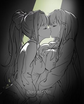 Rule 34 | 2girls, asymmetrical docking, bow, breast press, breasts, closed eyes, commentary, doki doki literature club, doki doki literature club school uniform, english commentary, greyscale, hair bow, hair ornament, hairclip, highres, jason viera, kiss, large breasts, long hair, monika (doki doki literature club), monochrome, multiple girls, ponytail, school uniform, spot color, twitter username, yuri, yuri (doki doki literature club)