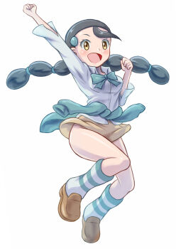 Rule 34 | 1girl, black hair, blue sweater, breasts, candice (pokemon), clothes around waist, jumping, long hair, miniskirt, multi-tied hair, nintendo, ossannoa, pokemon, pokemon dppt, shoes, skirt, socks, sweater, sweater around waist, thighs