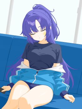 1girl absurdres black_shirt blue_archive blue_jacket breasts buruma closed_eyes commentary_request highres indoors jacket jacket_partially_removed long_hair majikichi915 ponytail purple_hair shirt sitting sleeping star_(symbol) star_sticker sticker sticker_on_face thighs yuuka_(blue_archive) yuuka_(track)_(blue_archive) zipper