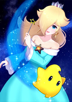 1girl :d absurdres bare_shoulders blonde_hair blue_dress blue_eyes brooch collarbone crown dress earrings eyelashes hair_over_one_eye highres holding holding_wand jewelry long_hair long_sleeves looking_at_viewer luma_(mario) mario_(series) nintendo off-shoulder_dress off_shoulder open_mouth rosalina smile space star_(symbol) star_brooch star_earrings super_mario_galaxy wand wing223s