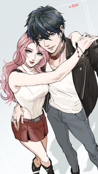 1boy 1girl animal_collar arm_around_waist bangle bare_shoulders black_boots black_hair black_jacket blue_eyes blue_hair boots bracelet breasts choker closed_mouth collar couple earrings green_eyes grey_background grey_pants hair_between_eyes hetero highres jacket jewelry kurokawa_karasu leather leather_jacket leotard medium_breasts miniskirt multicolored_hair multiple_earrings multiple_rings original pants parted_bangs parted_lips pink_hair pleated_skirt recording red_choker red_lips red_skirt ring shirt skirt streaked_hair thumb_ring viewfinder white_leotard white_shirt