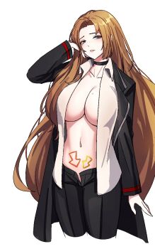 arrow_(symbol) artist_request blue_eyes blush breasts choker collared_shirt highres huge_breasts lcb_uniform_(project_moon) limbus_company long_hair looking_at_viewer mole mole_on_breast mole_under_eye navel non-web_source open_clothes open_fly open_mouth open_shirt presenting presenting_breasts project_moon rodion_(project_moon) shirt source_request tall_female teeth