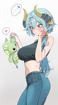 ... 1girl :o absurdres black_tank_top blue_hair blue_nails blush breasts buta_dong commentary cowboy_shot creature crop_top crossed_bangs curved_horns denim double-parted_bangs fingernails from_side gradient_background green_eyes grey_background hair_between_eyes hair_tubes hand_on_own_face hands_up heart highres holding holding_creature indie_virtual_youtuber jeans large_breasts long_hair mare_flos midriff nail_polish navel pants parted_lips ponytail raised_inner_eyebrows solo speech_bubble spoken_ellipsis spoken_heart spoken_sweatdrop standing sweat sweatdrop tank_top virtual_youtuber