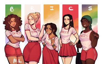 5girls asian brazil breasts brics china earrings face_piercing highres indian jewelry large_breasts latina looking_at_viewer loopsie medium_breasts multiple_girls necklace non-web_source nose_piercing nose_ring original piercing russia shirt shorts skirt south_africa tongue tongue_out