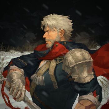 Rule 34 | 1boy, armor, black cape, black shirt, black sky, blue eyes, cape, closed mouth, commentary, dog tags, from side, gauntlets, holding, holding sword, holding weapon, igor (reverse:1999), lefthgir, male focus, mature male, old, old man, profile, reverse:1999, scar, scar across eyebrow, scar on face, shirt, short hair, short sleeves, shoulder armor, sky, snow, snowing, solo, sword, symbol-only commentary, upper body, weapon, white beard, white hair