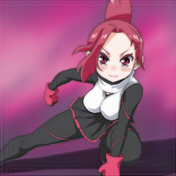 1girl black_bodysuit blush bodysuit breasts fingerless_gloves folded_ponytail gloves kemurikusa large_breasts long_hair looking_at_viewer ponytail purple_background red_eyes red_gloves red_hair red_skirt rin_(kemurikusa) scarf skirt smile squatting superhero_landing t_jiroo_(ringofriend) vest white_scarf white_vest