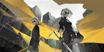 Rule 34 | 1boy, 1girl, 2b (nier:automata), 9s (nier:automata), black dress, black gloves, black hairband, black thighhighs, blindfold, boots, breasts, building, chanc030, choker, city, clothing cutout, covered eyes, cowboy shot, day, dress, expressionless, feather-trimmed sleeves, feather trim, floating hair, from below, gloves, hairband, highres, holding, holding sword, holding weapon, juliet sleeves, lens flare, long sleeves, nier:automata, nier (series), outdoors, puffy sleeves, ruins, scenery, short hair, shorts, skyscraper, standing, sword, thighhighs, thighhighs under boots, virtuous contract, weapon, white hair