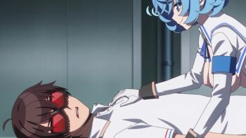 1boy 1girl anal anal_object_insertion animated anime_screenshot armband ass black_thighhighs blue_armband blue_eyes blue_hair blush bouncing_breasts breast_press breasts breasts_out brown_hair bulge censored closed_eyes dildo erection erection_under_clothes gloves gun hairband highres large_breasts long_sleeves medium_hair miniskirt nipples no_bra no_panties novelty_censor nukigee_mitai_na_shima_ni_sunderu_watashi_wa_dou_surya_ii_desu_ka? object_insertion onabuta_ikuko open_clothes open_mouth open_shirt pants revealing_clothes school_uniform sex_toy shirt skirt smile sound subtitled tachibana_junnosuke tagme thighhighs thighs vibrator vibrator_in_anus video weapon white_gloves white_shirt