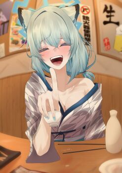 1girl :d absurdres alcohol animal_ears aqua_hair bar_(place) bath_yukata blue_archive blue_halo blush braid breasts cleavage closed_eyes collarbone cup halo highres holding holding_cup indoors japanese_clothes kimono kimono_pull kowa_m9 looking_at_viewer medium_breasts official_alternate_costume on_floor open_mouth pointing pointing_at_viewer pov sake shigure_(blue_archive) shigure_(hot_spring)_(blue_archive) short_hair sign single_bare_shoulder single_braid smile thick_eyebrows warning_sign weasel_ears weasel_girl yukata