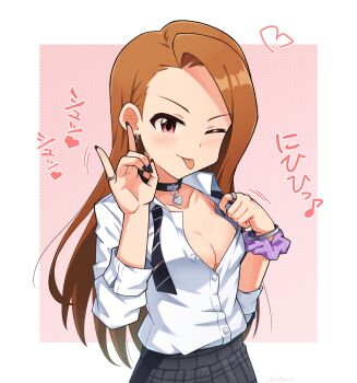 1girl :p \n/ asymmetrical_bangs bangle black_bow black_bowtie black_choker black_nails blush border bow bowtie bracelet breasts brown_hair choker cleavage collarbone collared_shirt concept_gyarus_(idolmaster) diagonal-striped_bow diagonal-striped_bowtie diagonal-striped_clothes dot_nose earrings fellatio_gesture fingernails forehead grey_skirt gyaru hands_up heart heart_choker highres idolmaster idolmaster_(classic) idolmaster_million_live! idolmaster_million_live!_theater_days jewelry kim_da-yoon kogal loli long_fingernails long_hair looking_at_viewer loose_bowtie minase_iori nail_polish no_bra official_alternate_costume one_eye_closed open_clothes open_collar open_shirt opened_by_self outside_border pink_background pink_scrunchie plaid_clothes plaid_skirt pleated_skirt school_uniform scrunchie seductive_smile shirt silver_bangle silver_bracelet silver_ring single_sidelock skirt sleeves_rolled_up small_breasts smile solo sound_effects straight-on striped_bow striped_bowtie striped_clothes swept_bangs tongue tongue_out upper_body white_border white_shirt wrist_scrunchie