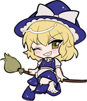 1girl blonde_hair blue_hat blue_shoes blue_skirt blue_vest blush bow braid broom broom_riding buttons chibi chibi_only double-breasted double-parted_bangs frilled_skirt frills full_body grin hair_between_eyes hat hat_bow kirisame_marisa long_hair long_sleeves looking_at_viewer mirei_(miirei) one_eye_closed shirt shoes simple_background single_braid sitting skirt skirt_set smile socks solo touhou transparent_background v-shaped_eyebrows vest white_bow white_shirt white_socks witch_hat