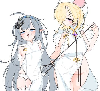 2girls :d ahoge ahoge_wag animated animated_gif blonde_hair blue_eyes blue_hairband breasts coronis_(springseek)_(stella_sora) coronis_(stella_sora) coronis_(stella_sora)_(cosplay) cosplay dress dthmns expressive_hair female_tyrant_(stella_sora) grey_hair hair_over_one_eye hairband hat highres large_breasts long_hair looking_at_another multiple_girls open_mouth pointy_ears pulling purple_eyes sideboob sidelocks simple_background smile stella_sora sweat tyrant_(stella_sora) white_background white_dress white_hat