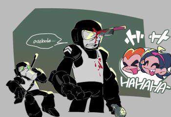 Rule 34 | > <, 1girl, 3boys, angry, armor, bb zatta, black hair, blood, clenched teeth, cup, drinking, friday night funkin', gun, highres, john captain, knife, knife in head, laughing, microphone, mug, multiple boys, nene (newgrounds), newgrounds, object through head, orange hair, pico (newgrounds), pico (newgrounds series), rifle, sharp teeth, sniper rifle, standing, tankman (newgrounds), tankmen, ted (newgrounds), teeth, weapon, weapon on back