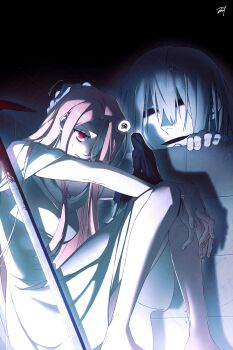 Rule 34 | 1girl, 2boys, absurdres, adashino adami, bandage over one eye, bbabbamis2, commentary, crowbar, dress, english commentary, giant, giantess, grey hair, headpat, highres, hollow eyes, homicipher, knees up, long hair, mr. crawling, mr. hugeface, multiple boys, pink hair, red eyes, ringed eyes, sitting, spoken squiggle, squiggle, very long hair, white dress