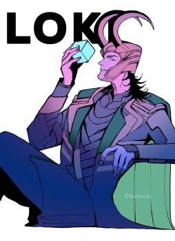 1boy artist_name avengers_(series) black_hair black_pants black_shirt cape character_name evil_smile fake_horns fingernails green_cape green_eyes green_vest hand_up helmet highres holding horns loki_(marvel) long_sleeves looking_at_viewer male_focus marvel mcnn0000 medium_hair open_clothes open_vest pants shirt simple_background sitting smile solo teeth tesseract v-shaped_eyebrows vest white_background