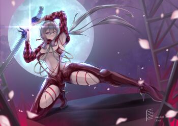 1girl absurdres body_chain bodysuit breasts checkered_clothes checkered_shrug clothing_cutout goddess_of_victory:_nikke highres large_breasts latex latex_bodysuit lawliet_liaw racer&#039;s_high_(stellar_blade) red_shrug scarlet_(nikke) scarlet_(racer&#039;s_high)_(nikke) shift_up shrug_(clothing) sideless_outfit solo stellar_blade thigh_cutout