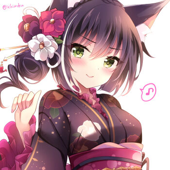 Rule 34 | 1girl, animal ear fluff, animal ears, artist name, black hair, black kimono, blush, cat ears, cat girl, closed mouth, collar, flower, flower knot, frilled collar, frilled sleeves, frills, green eyes, hair between eyes, hair flower, hair ornament, hand up, ichiyou moka, japanese clothes, karyl (new year) (princess connect!), karyl (princess connect!), kimono, long sleeves, looking at viewer, medium hair, multicolored hair, musical note, obi, princess connect!, print kimono, sash, sidelocks, smile, solo, streaked hair, upper body, white background, wide sleeves