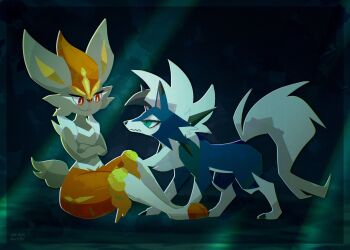 1other alternate_color animal_ears black_background blue_fur body_fur border bright_pupils cinderace claws closed_mouth crossed_arms furry gen_7_pokemon gen_8_pokemon green_border green_eyes grey_fur highres looking_at_another lycanroc lycanroc_(dusk) mr_h202 nintendo orange_fur pokemon pokemon_(creature) rabbit_ears red_eyes shiny_pokemon short_hair simple_background sitting standing two-tone_fur white_fur white_pupils wolf yellow_fur