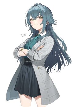 1girl antenna_hair blue_overskirt coat gakuen_idolmaster green_eyes green_hair green_shirt grey_coat hair_flaps hatsuboshi_gakuen_school_uniform highres idolmaster nyum plaid_clothes plaid_coat school_uniform shirt simple_background solo tsukimura_temari white_background