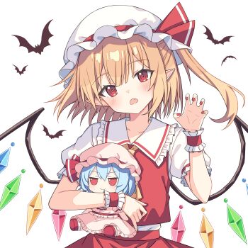 2girls blonde_hair blue_hair blush collared_shirt crystal_wings fang flandre_scarlet fumo_(doll) hat highres long_hair multiple_girls open_mouth red_eyes red_ribbon red_vest remilia_scarlet ribbon setteiset shirt short_hair short_sleeves touhou vest white_hat white_shirt wings