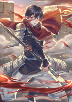 1boy absurdres armor black_hair blood blood_on_clothes blood_on_face blood_splatter bloody_weapon cloak dusk dynamic_pose fighting_stance fumetsu_no_anata_e hair_between_eyes highres holding holding_polearm holding_weapon japanese_armor jika-tabi kahaku_(fumetsu_no_anata_e) light_particles looking_to_the_side male_focus naginata open_mouth outdoors pants polearm red_cloak red_eyes short_hair shoulder_armor sky smoke sode standing suzaku_(zaku6584) weapon