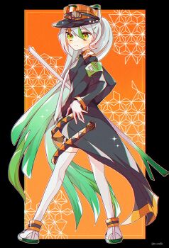 1girl armband black_border black_coat border closed_mouth coat fighting_miku_(project_voltage) food full_body gloves gradient_hair green_armband green_eyes green_hair hair_between_eyes hat hatsune_miku highres holding holding_food holding_spring_onion holding_vegetable long_hair looking_at_viewer multicolored_hair necktie nintendo orange_background orange_hat pokemon project_voltage shoes simple_background solo spring_onion standing thighhighs to_camellia twintails vegetable vocaloid white_gloves white_hair white_necktie white_shoes white_thighhighs