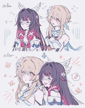 Rule 34 | 2girls, absurdres, black hair, blonde hair, blush, breasts, closed eyes, columbina (genshin impact), from behind, genshin impact, hair ornament, head wings, highres, long hair, looking at another, lumine (genshin impact), multicolored hair, multiple girls, open mouth, red hair, short hair, smile, twintails, upper body, veil, wings, x x (batttsu 404), yellow eyes, yuri