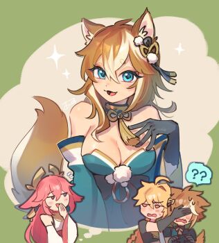 1girl 2boys ? aether_(genshin_impact) animal_ears bare_shoulders black_gloves blonde_hair blue_eyes breasts cleavage commentary covering_another's_eyes detached_sleeves dog_boy dog_ears dog_girl dog_tail earrings fox_ears fox_girl genshin_impact gloves gorou_(genshin_impact) hair_between_eyes hair_ornament highres hina_(genshin_impact) jewelry long_hair medium_breasts multicolored_hair multiple_boys open_mouth pink_hair simple_background solo_focus sparkle spoken_question_mark sweat tail tassel ukata wide_sleeves yae_miko