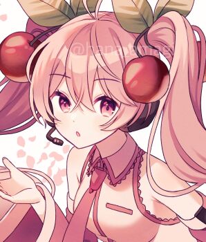 Rule 34 | 1girl, amagi hana, armpit crease, blush, breasts, cherry hair ornament, collared shirt, commentary request, falling petals, food-themed hair ornament, hair between eyes, hair ornament, hatsune miku, highres, long hair, looking at viewer, medium breasts, necktie, official alternate costume, open mouth, petals, pink eyes, pink hair, pink necktie, sakura miku, shirt, signature, sleeveless, sleeveless shirt, solo, twintails, twitter username, upper body, very long hair, vocaloid, watermark, white shirt