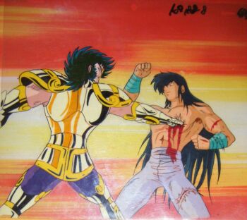 1980s_(style) armor blood capricorn_shura cell cuts dragon_shiryuu fighting impaled injury oldschool production retro_artstyle saint_seiya stab