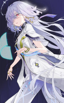 1girl breasts colored_eyelashes commentary dress earrings from_side grey_hair hair_intakes halo highres jacket jewelry lis_zhu_long long_hair looking_to_the_side mornye_(wuthering_waves) parted_lips purple_dress red_eyes see-through_body small_breasts solo tacet_mark_(wuthering_waves) triangle_earrings white_jacket wuthering_waves