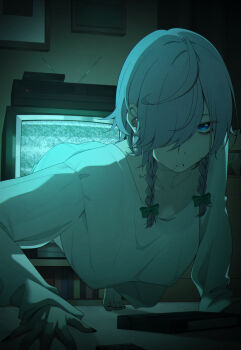 1girl ahoge bags_under_eyes blue_eyes braid cosplay crawling green_ribbon grey_hair hair_over_face hair_over_one_eye hair_ribbon highres izayoi_sakuya nail_polish open_mouth ribbon short_hair solo static television the_ring through_medium through_screen touhou twin_braids umisaki videocassette yamamura_sadako yamamura_sadako_(cosplay)