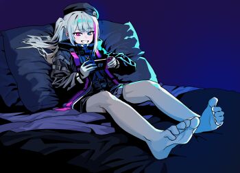 1girl black_jacket black_skirt blue_eyes commentary feet full_body girls&#039;_frontline gloves grin handheld_game_console heterochromia highres holding holding_handheld_game_console jacket mdr_(girls&#039;_frontline) nintendo_switch on_bed one_side_up pantyhose pillow pink_eyes purple_background ruppu sitting skirt smile toes white_gloves