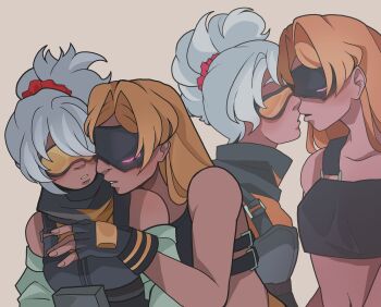 2girls blindfold blonde_hair blush fingerless_gloves fingernails gloves goggles grey_background hair_between_eyes hashtag-only_commentary highres imminent_kiss multiple_girls multiple_views parted_lips phantagrail ponytail sidelocks soldier_11_(zenless_zone_zero) trigger_(zenless_zone_zero) white_hair yuri zenless_zone_zero